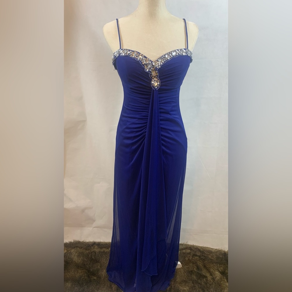 Onyx nite spaghetti strap blue dress with rhinestone edging. Size 8.